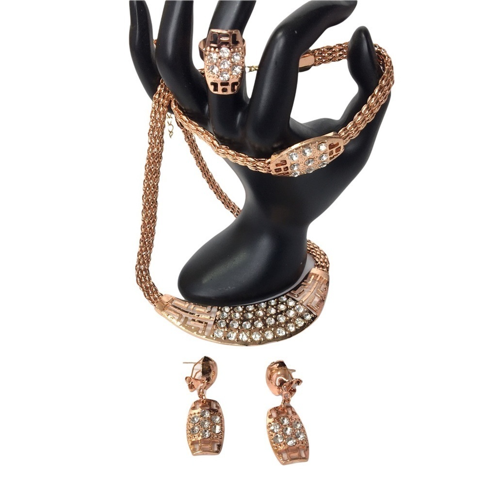 3 piece Gold necklace earrings and ring set with rhinestones basket design